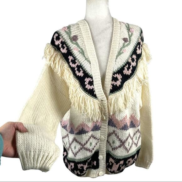 VTG Maggie Lawrence Fringed Knit Cardigan Women’s 80s Floral Pattern Size 18/20 - Picture 5 of 15